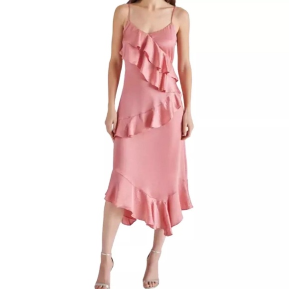 NWT Women Steve Madden  Ruffle Satin Midi Dress in rose mauve size Large - Picture 1 of 9